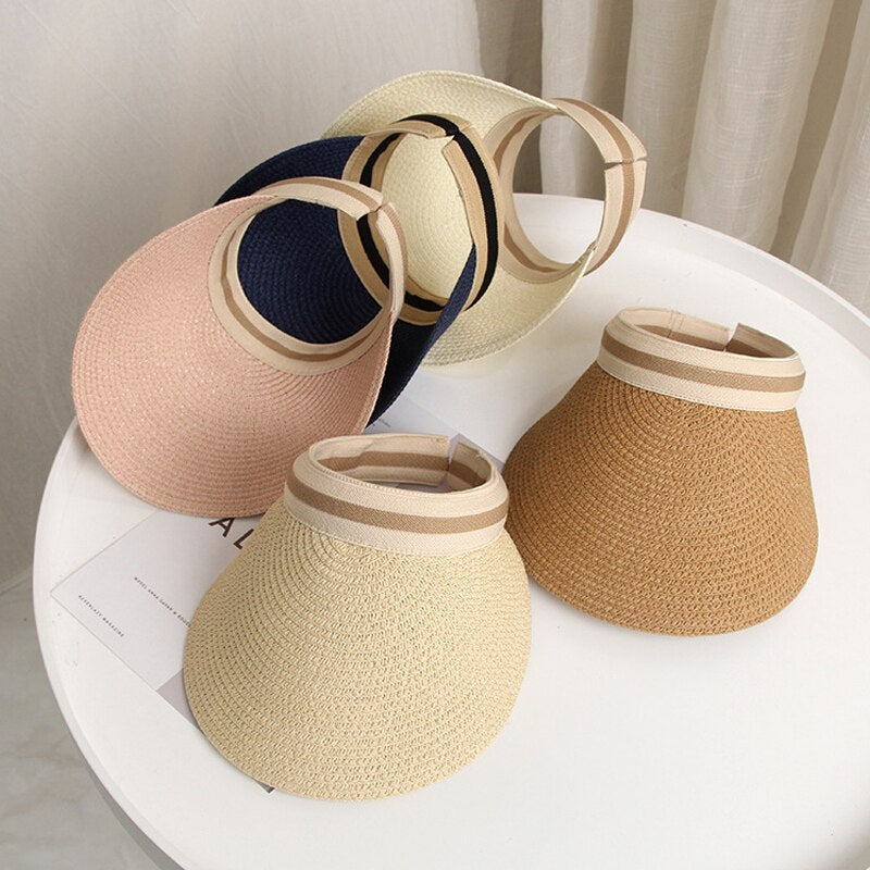 2024 Summer Empty Top Sun Hat - Female Outdoor Visor Cap Casual Shade Hat Straw Wide Large Brim Beach Sunhat Lady