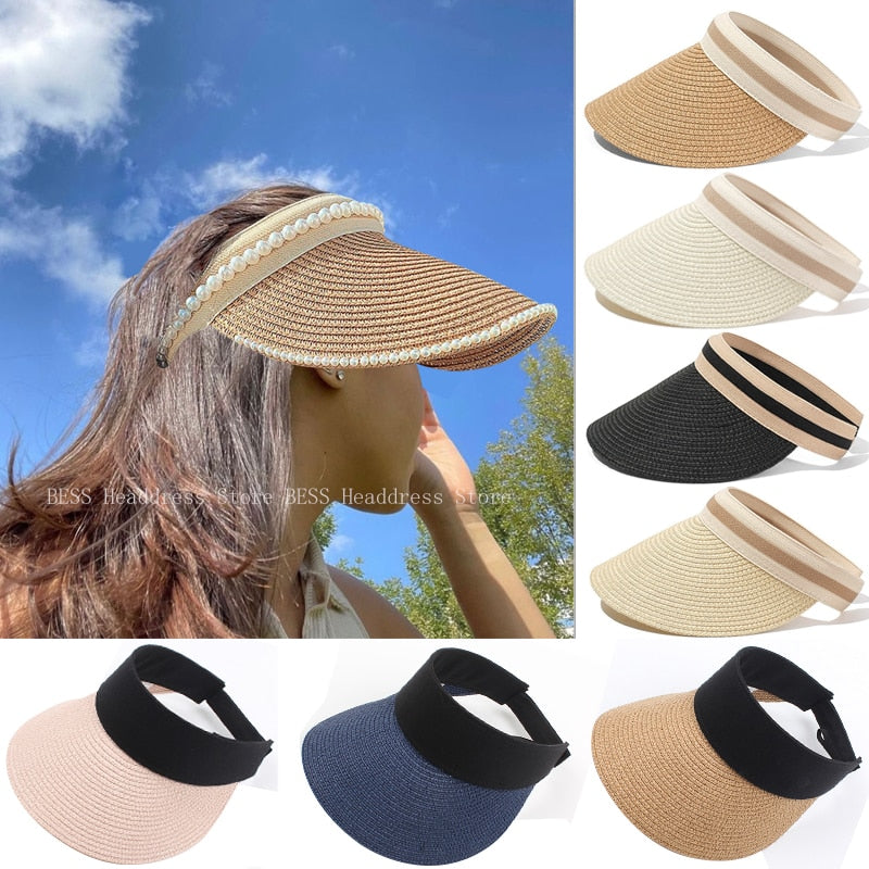 2024 Summer Empty Top Sun Hat - Female Outdoor Visor Cap Casual Shade Hat Straw Wide Large Brim Beach Sunhat Lady AMAIO