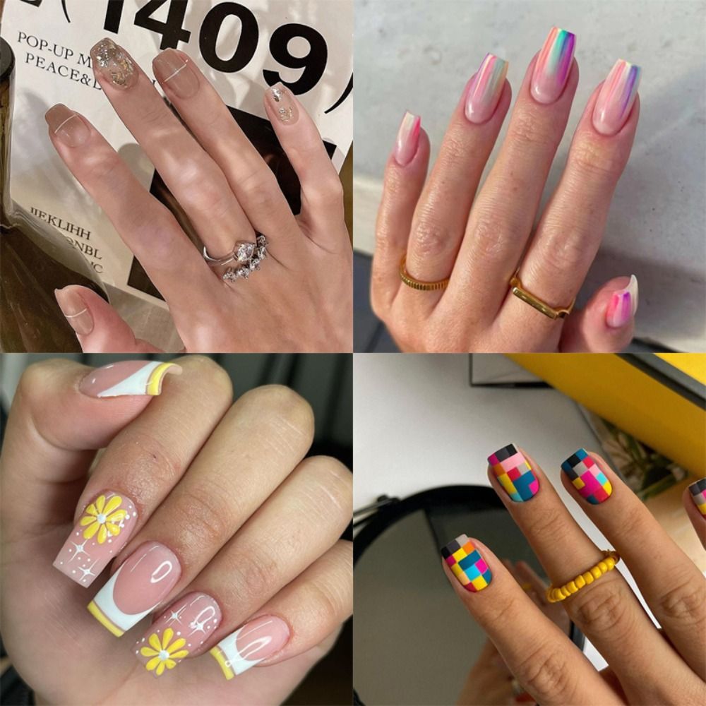 2024 Summer False Nails Square Head Full Cover Nail Tips Detachable Fake Nails Press on Nails Manicure 24Pcs DIY Manicure