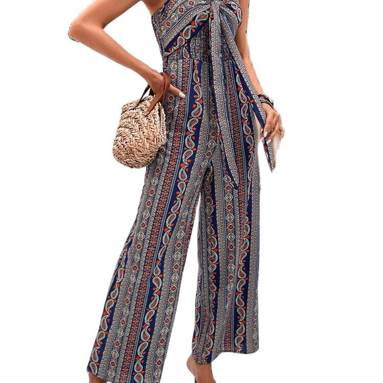 2024 Summer Fashion Women's  Wrap Python Suspender Wide Leg Jumpsuit AMAIO