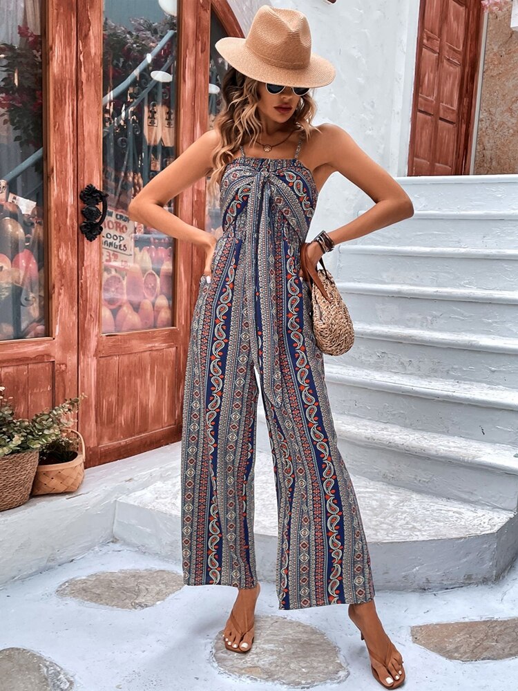2024 Summer Fashion Women's Wrap Python Suspender Wide Leg Jumpsuit