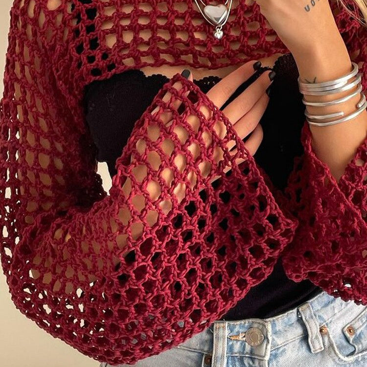 2024 Summer Long Sleeve Smock Knitted Crop Top Women Y2k Beach Sexy Backless Hollow Out T Shirts Green Party Casual Pullovers Wine Red