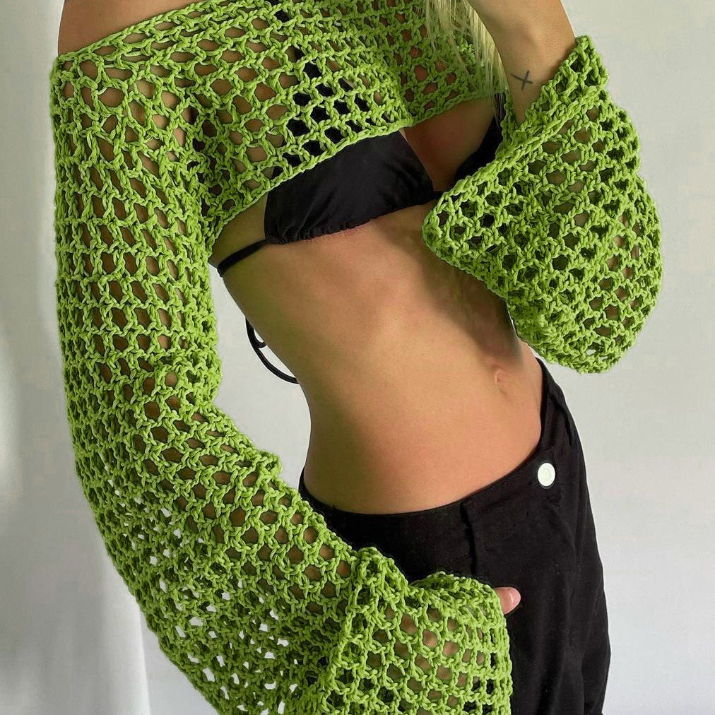 2024 Summer Long Sleeve Smock Knitted Crop Top Women Y2k Beach Sexy Backless Hollow Out T Shirts Green Party Casual Pullovers Green