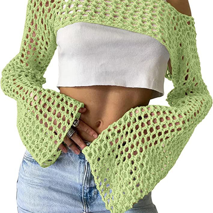 2024 Summer Long Sleeve Smock Knitted Crop Top Women Y2k Beach Sexy Backless Hollow Out T Shirts Green Party Casual Pullovers Light Green
