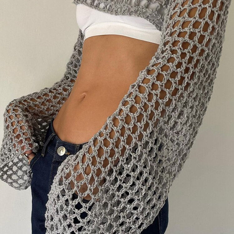 2024 Summer Long Sleeve Smock Knitted Crop Top Women Y2k Beach Sexy Backless Hollow Out T Shirts Green Party Casual Pullovers Grey