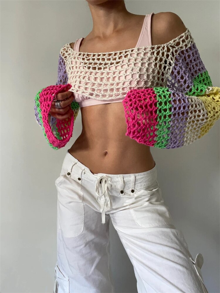 2024 Summer Long Sleeve Smock Knitted Crop Top Women Y2k Beach Sexy Backless Hollow Out T Shirts Green Party Casual Pullovers Mixed