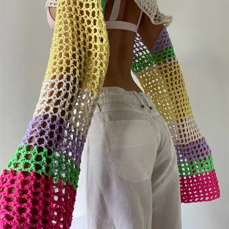 2024 Summer Long Sleeve Smock Knitted Crop Top Women Y2k Beach Sexy Backless Hollow Out T Shirts Green Party Casual Pullovers