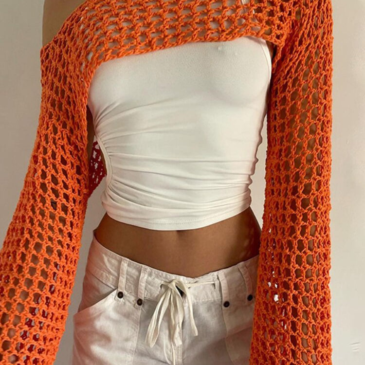 2024 Summer Long Sleeve Smock Knitted Crop Top Women Y2k Beach Sexy Backless Hollow Out T Shirts Green Party Casual Pullovers Orange