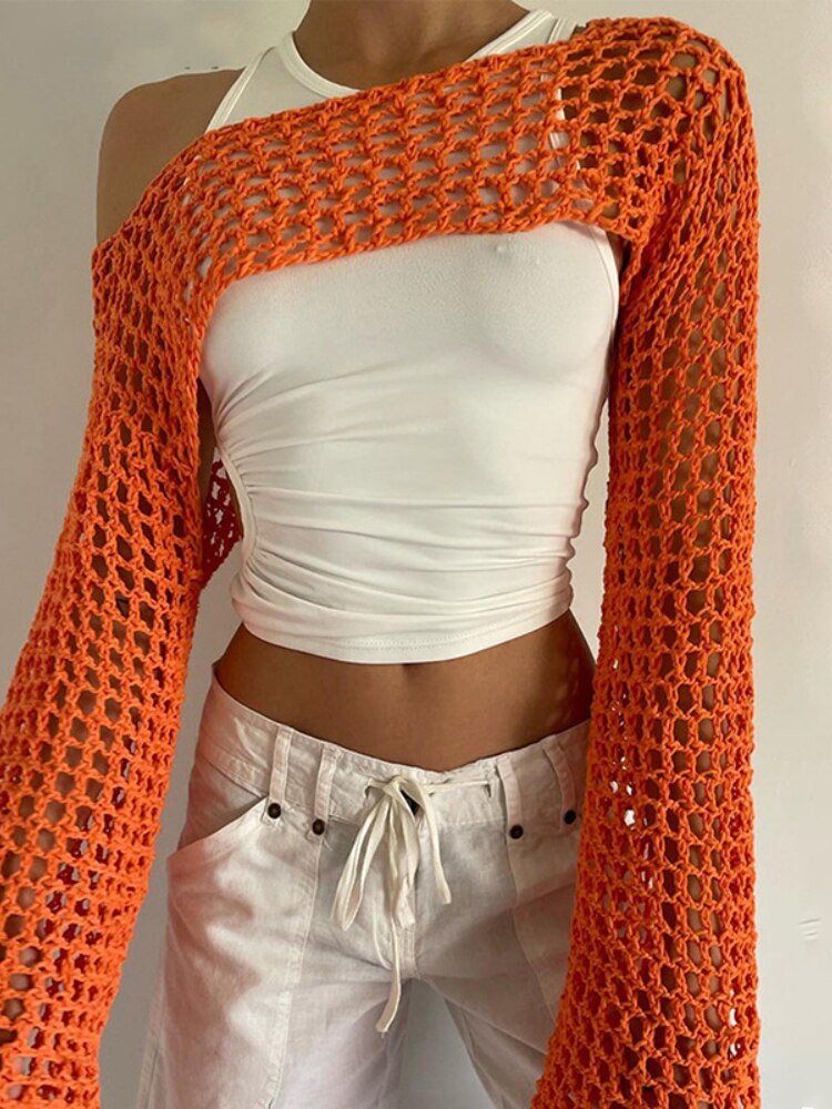 2024 Summer Long Sleeve Smock Knitted Crop Top Women Y2k Beach Sexy Backless Hollow Out T Shirts Green Party Casual Pullovers Orange