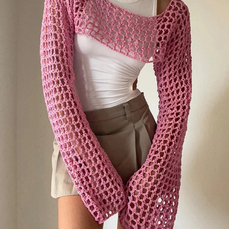 2024 Summer Long Sleeve Smock Knitted Crop Top Women Y2k Beach Sexy Backless Hollow Out T Shirts Green Party Casual Pullovers Pink