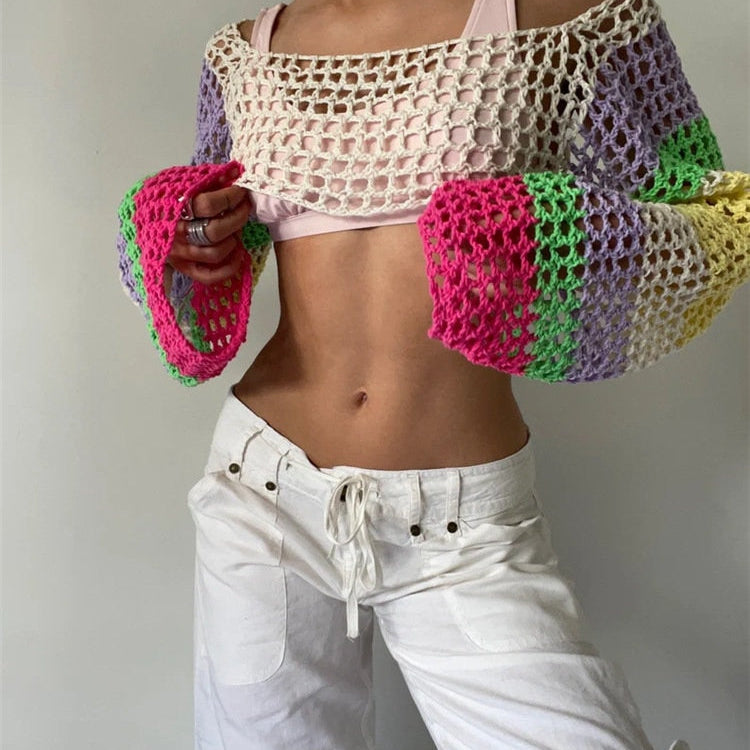 2024 Summer Long Sleeve Smock Knitted Crop Top Women Y2k Beach Sexy Backless Hollow Out T Shirts Green Party Casual Pullovers