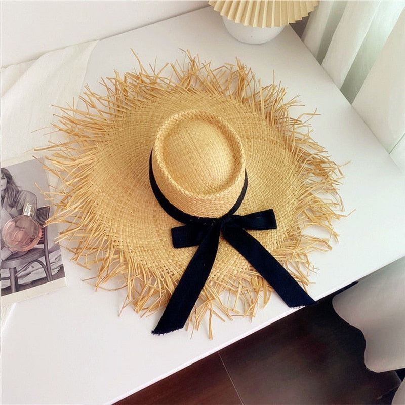 Summer Natural Raffia Straw Hat Large Wide Brim Sun Hats for Women Panama Ladies UPF Travel Holiday Beige Beach Floppy Hat
