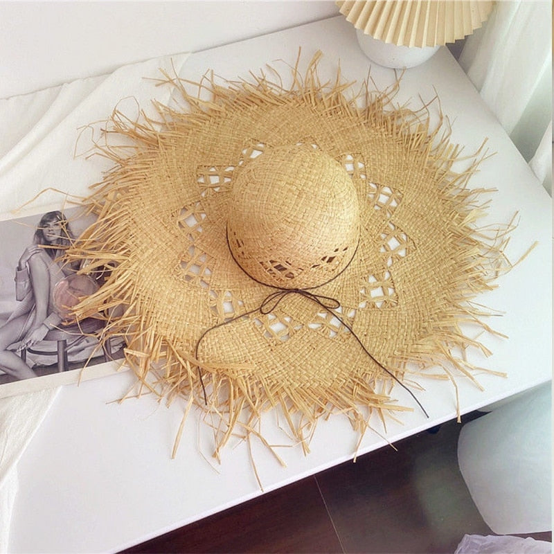 Summer Natural Raffia Straw Hat Large Wide Brim Sun Hats for Women Panama Ladies UPF Travel Holiday Beige Beach Floppy Hat