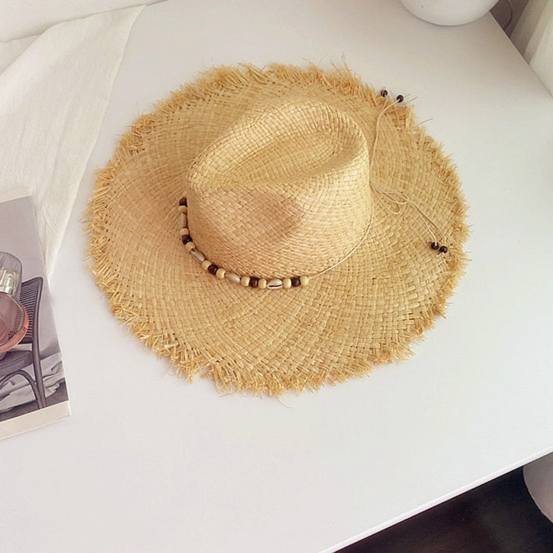 Summer Natural Raffia Straw Hat Large Wide Brim Sun Hats for Women Panama Ladies UPF Travel Holiday Beige Beach Floppy Hat like picture 7