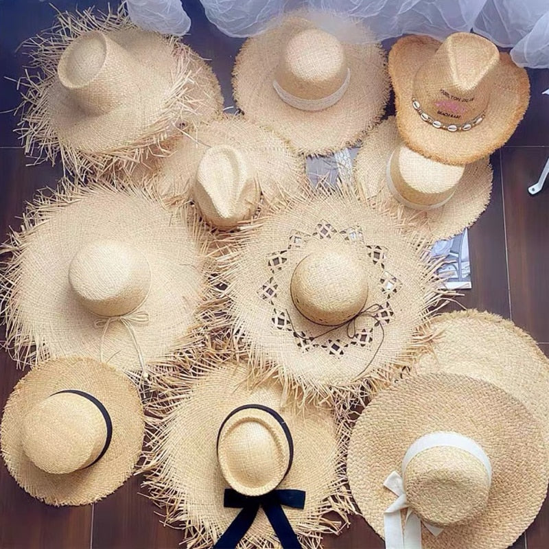 2024 Summer Natural Raffia Straw Hat Large Wide Brim Sun Hats for Women  Panama Ladies UPF Travel Holiday Beige Beach Floppy Hat AMAIO