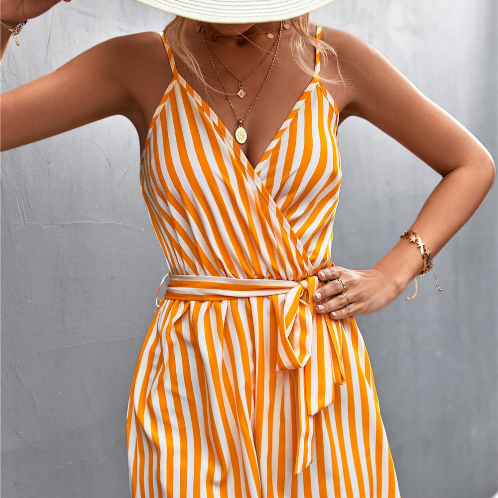 2024 Summer Sexy V-Neck Jumpsuit For Women Casual Stripe Sleeveless Loose Romper Shorts Beach Playsuit Female Outfit