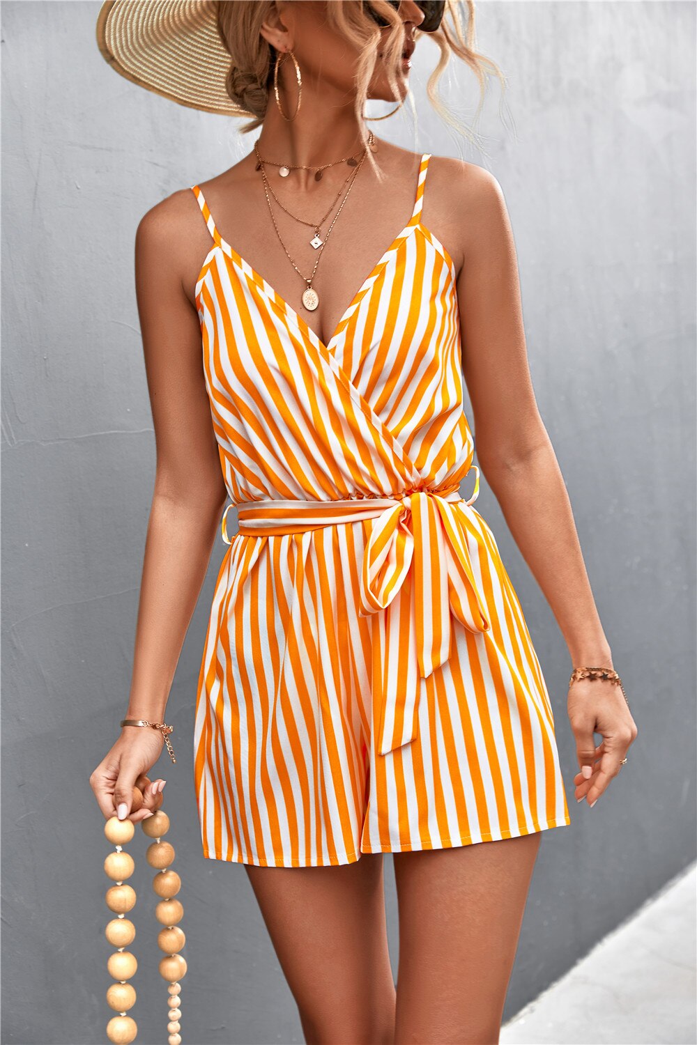 2024 Summer Sexy V-Neck Jumpsuit For Women Casual Stripe Sleeveless Loose Romper Shorts Beach Playsuit Female Outfit