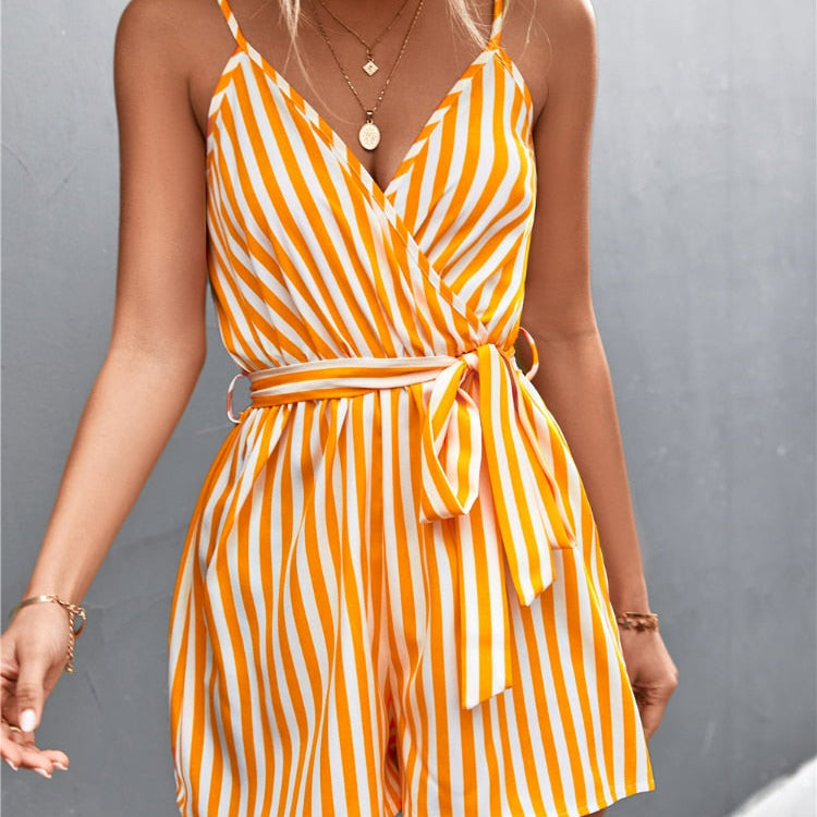 2024 Summer Sexy V-Neck Jumpsuit For Women Casual Stripe Sleeveless Loose Romper Shorts Beach Playsuit Female Outfit AMAIO