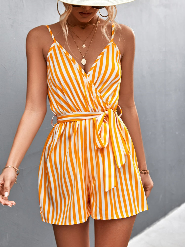 2024 Summer Sexy V-Neck Jumpsuit For Women Casual Stripe Sleeveless Loose Romper Shorts Beach Playsuit Female Outfit yellow LYQ92