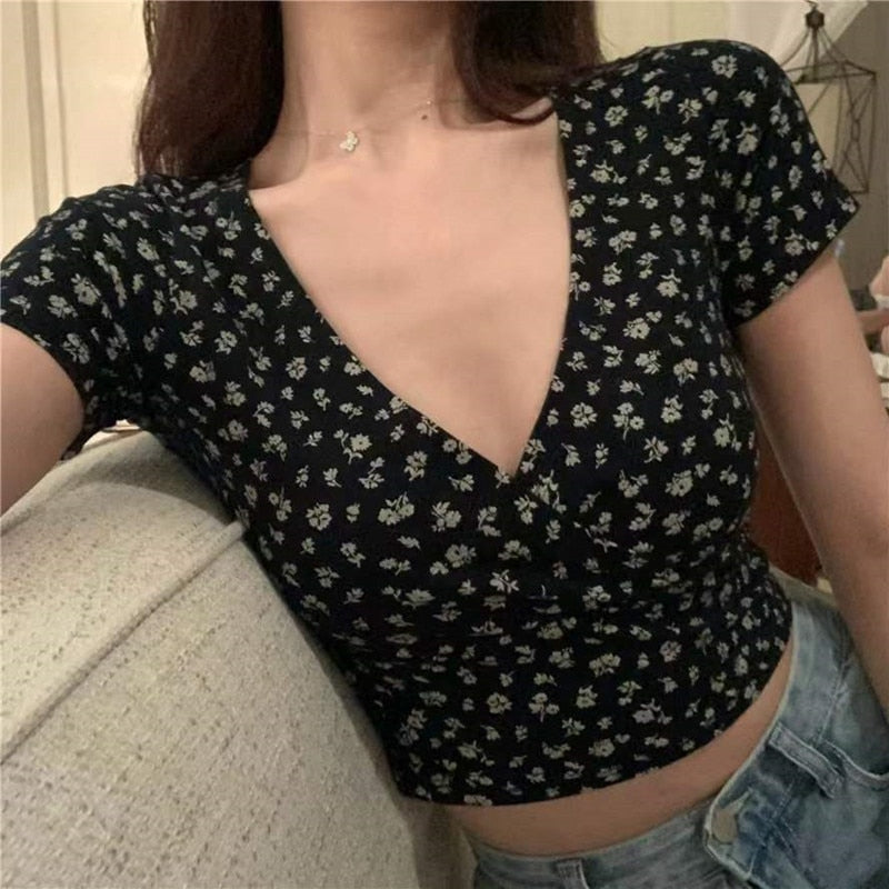 2024 Summer Sexy Women Slim Crop Top Tees T Shirt Low Cut Short Sleeve Floral Female Teenage Girls Femmes T-Shirt Cross Wrap Y2K 6
