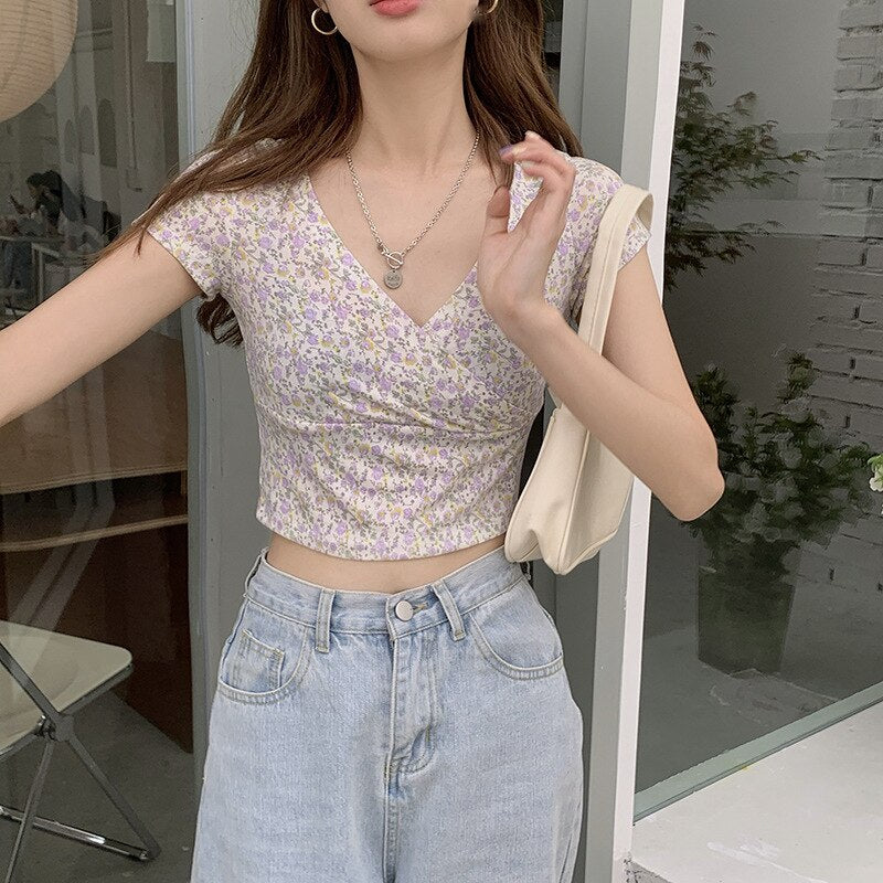 2024 Summer Sexy Women Slim Crop Top Tees T Shirt Low Cut Short Sleeve Floral Female Teenage Girls Femmes T-Shirt Cross Wrap Y2K 8
