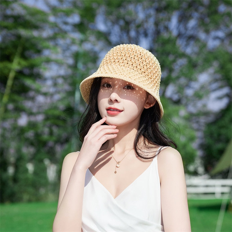 2024 Summer Sunscreen Hat Women's Net Red ins Korean Bucket Hat Hollow out Fisherman Basin Hat Outdoor Knitted Sun Shield Hat 12 55-58CM