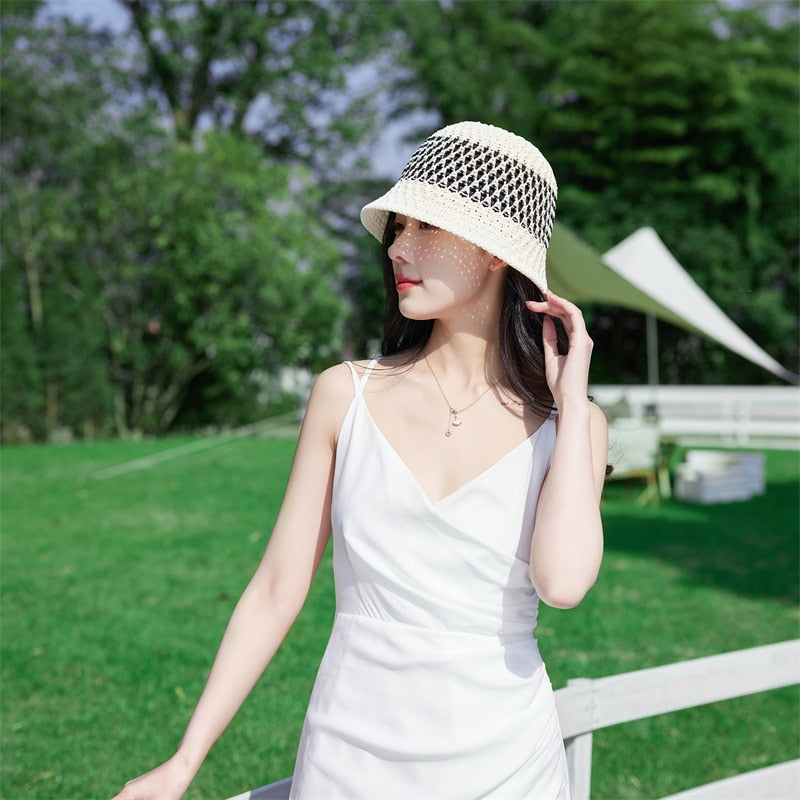 2024 Summer Sunscreen Hat Women's Net Red ins Korean Bucket Hat Hollow out Fisherman Basin Hat Outdoor Knitted Sun Shield Hat 10 55-58CM