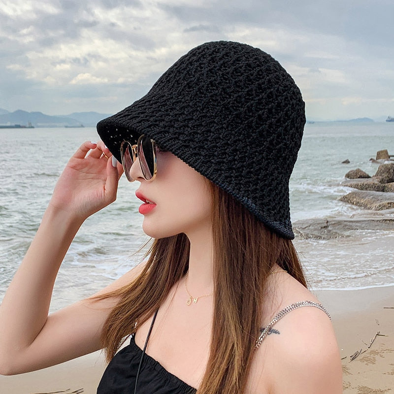 2024 Summer Sunscreen Hat Women's Net Red ins Korean Bucket Hat Hollow out Fisherman Basin Hat Outdoor Knitted Sun Shield Hat 01 55-58CM