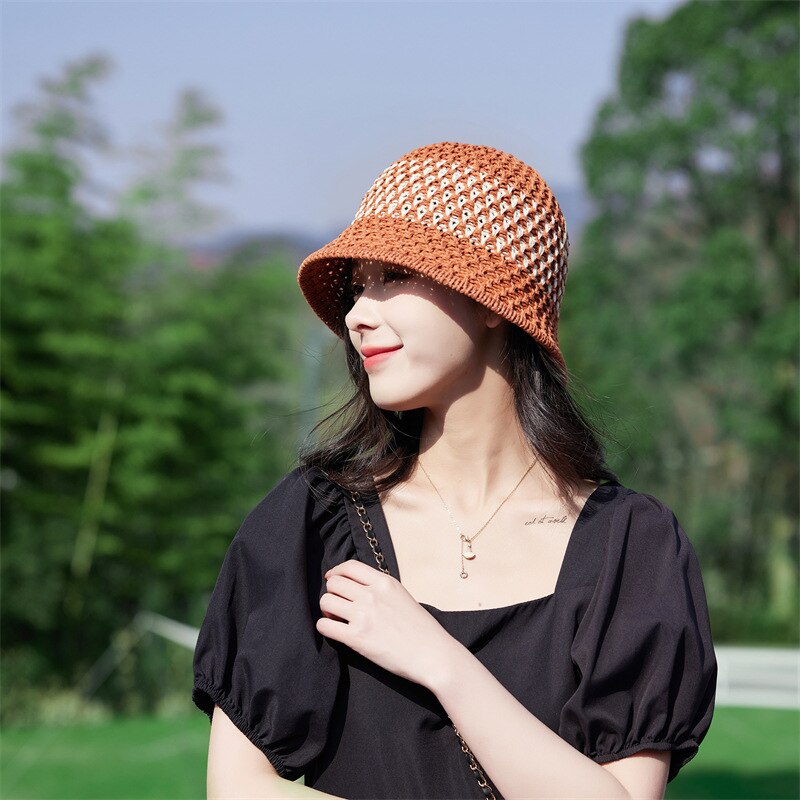 2024 Summer Sunscreen Hat Women's Net Red ins Korean Bucket Hat Hollow out Fisherman Basin Hat Outdoor Knitted Sun Shield Hat 11 55-58CM