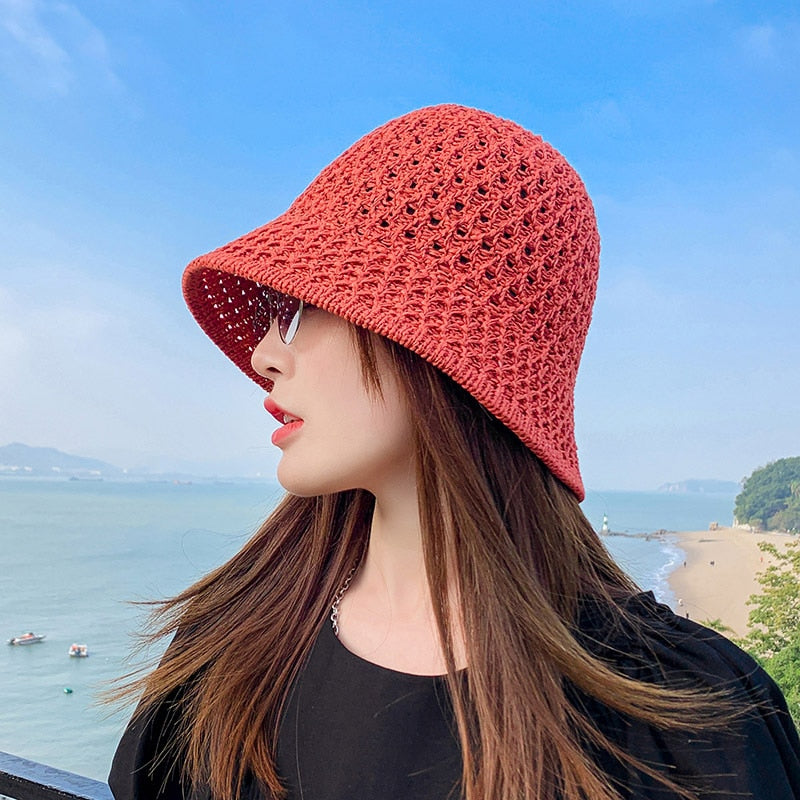 2024 Summer Sunscreen Hat Women's Net Red ins Korean Bucket Hat Hollow out Fisherman Basin Hat Outdoor Knitted Sun Shield Hat 04 55-58CM