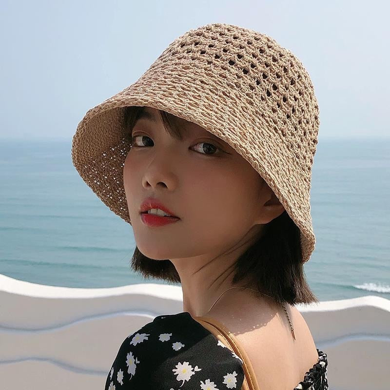 2024 Summer Sunscreen Hat Women's Net Red ins Korean Bucket Hat Hollow out Fisherman Basin Hat Outdoor Knitted Sun Shield Hat AMAIO