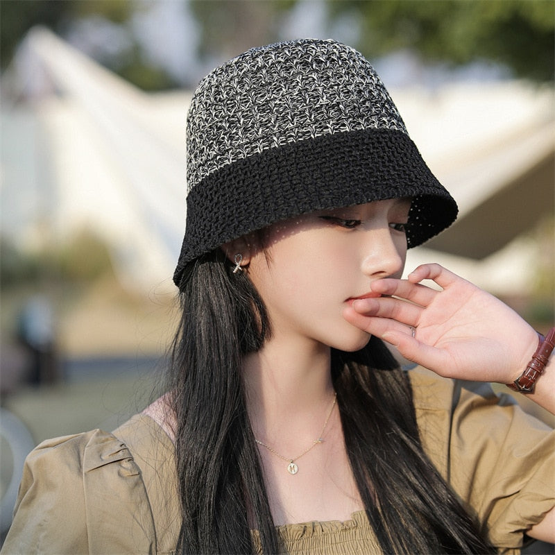 2024 Summer Sunscreen Hat Women's Net Red ins Korean Bucket Hat Hollow out Fisherman Basin Hat Outdoor Knitted Sun Shield Hat 08 55-58CM