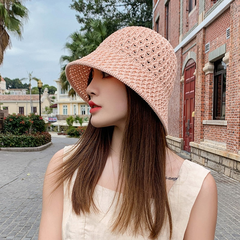 2024 Summer Sunscreen Hat Women's Net Red ins Korean Bucket Hat Hollow out Fisherman Basin Hat Outdoor Knitted Sun Shield Hat 02 55-58CM