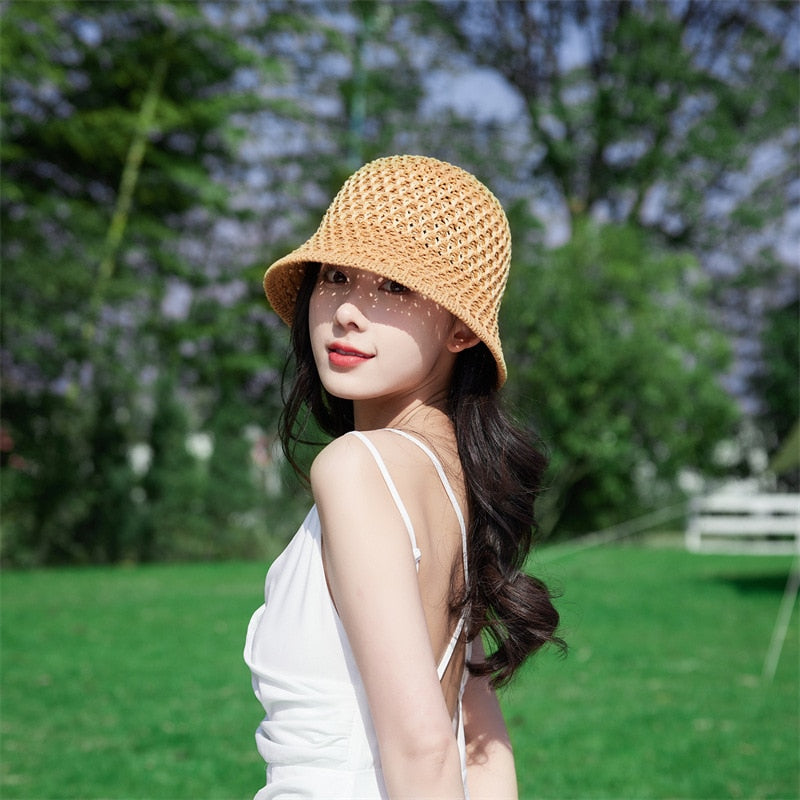 2024 Summer Sunscreen Hat Women's Net Red ins Korean Bucket Hat Hollow out Fisherman Basin Hat Outdoor Knitted Sun Shield Hat 13 55-58CM