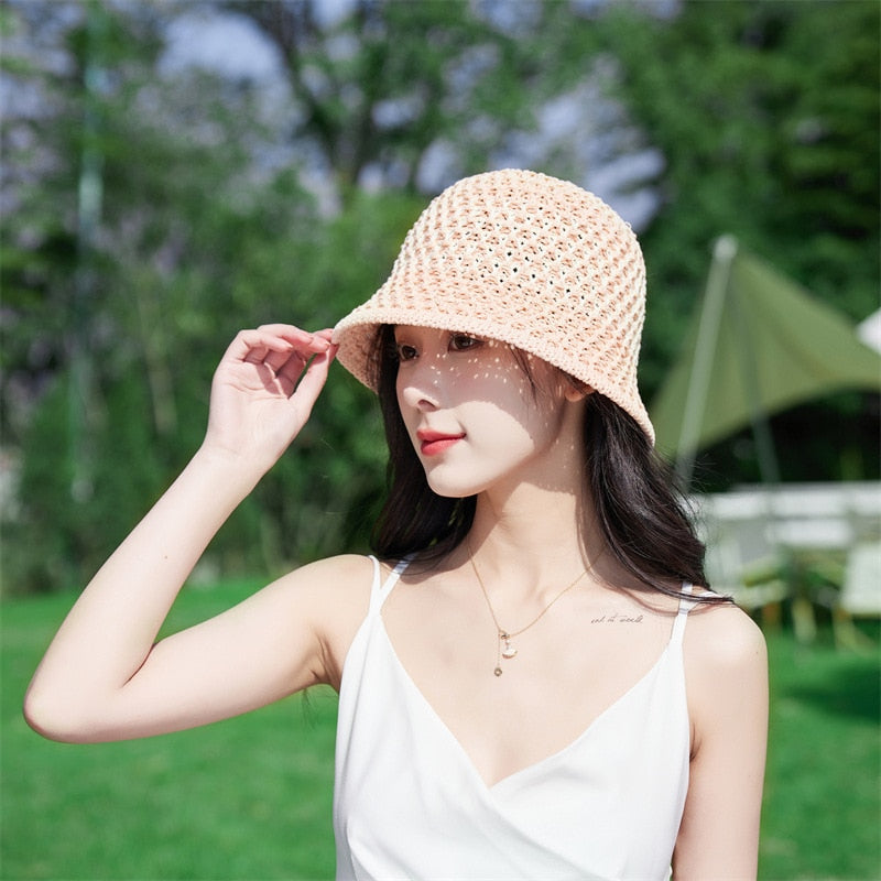 2024 Summer Sunscreen Hat Women's Net Red ins Korean Bucket Hat Hollow out Fisherman Basin Hat Outdoor Knitted Sun Shield Hat 14 55-58CM
