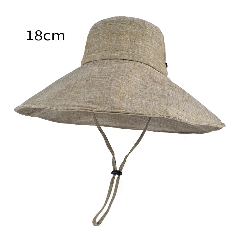 2024 Summer Wide Brim 18cm Linen Sun Hats for Women Uv Protection UPF 50+ Sunshade Foldable Bucket Hat Beach Outing Panama khaki 55-60cm