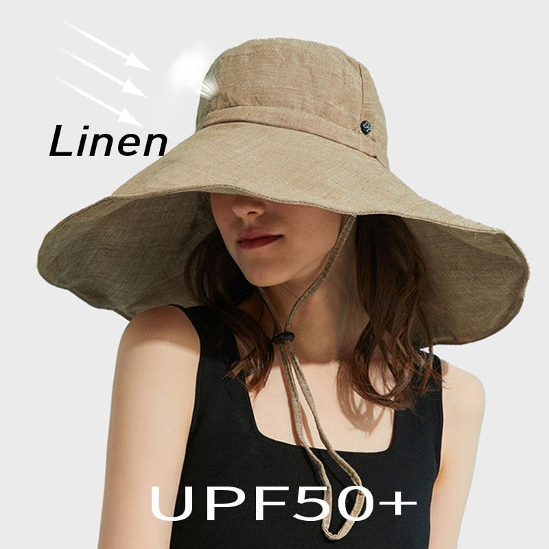 2024 Summer Wide Brim 18cm Linen Sun Hats for Women Uv Protection UPF 50+ Sunshade Foldable Bucket Hat Beach Outing Panama AMAIO