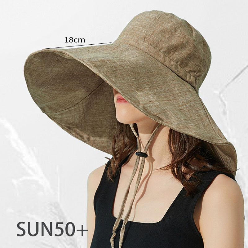 2024 Summer Wide Brim 18cm Linen Sun Hats for Women Uv Protection UPF 50+ Sunshade Foldable Bucket Hat Beach Outing Panama