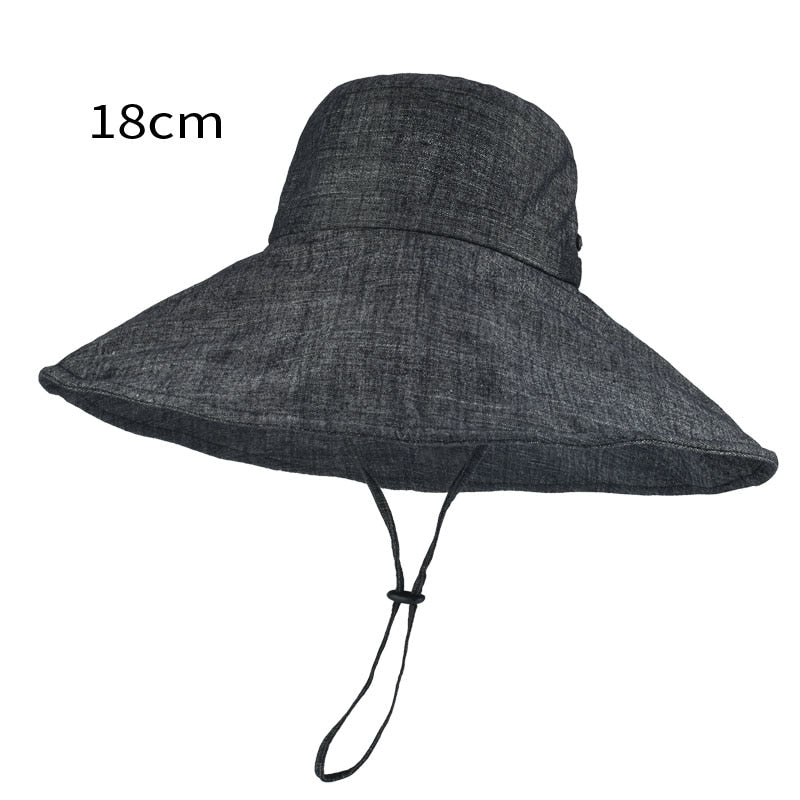 2024 Summer Wide Brim 18cm Linen Sun Hats for Women Uv Protection UPF 50+ Sunshade Foldable Bucket Hat Beach Outing Panama Black 55-60cm