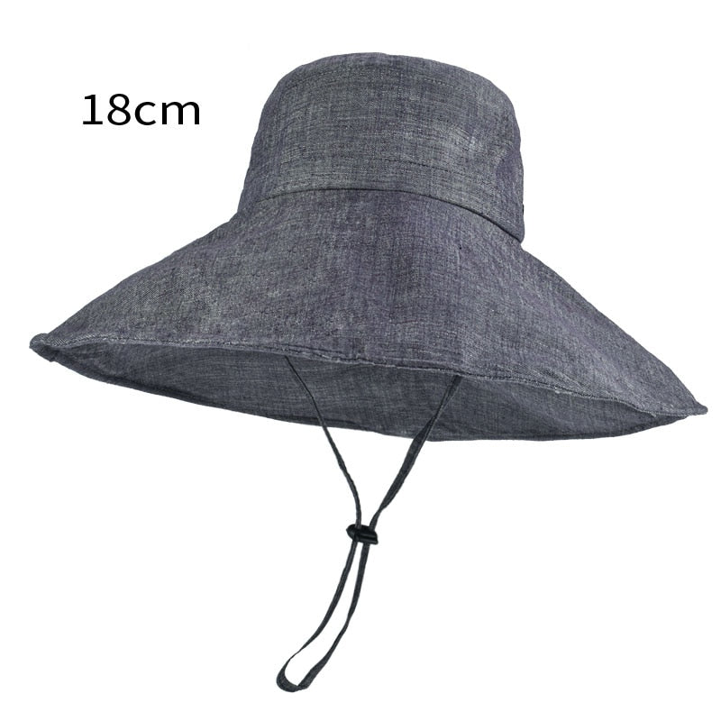 2024 Summer Wide Brim 18cm Linen Sun Hats for Women Uv Protection UPF 50+ Sunshade Foldable Bucket Hat Beach Outing Panama blue 55-60cm