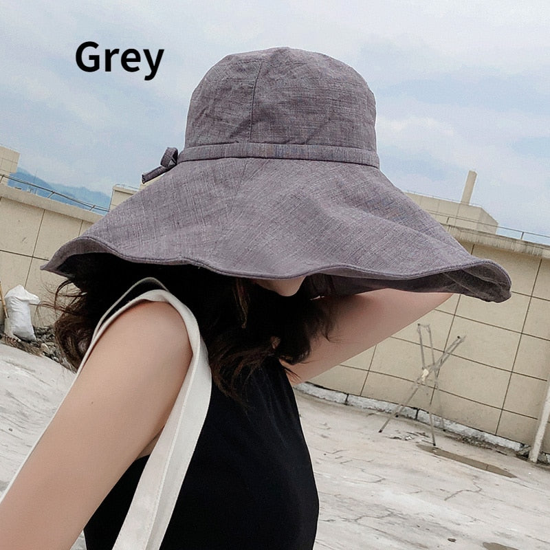 2024 Summer Wide Brim 18cm Linen Sun Hats for Women Uv Protection UPF 50+ Sunshade Foldable Bucket Hat Beach Outing Panama