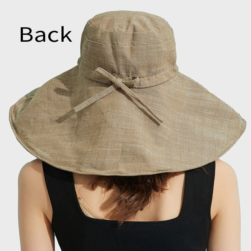 2024 Summer Wide Brim 18cm Linen Sun Hats for Women Uv Protection UPF 50+ Sunshade Foldable Bucket Hat Beach Outing Panama