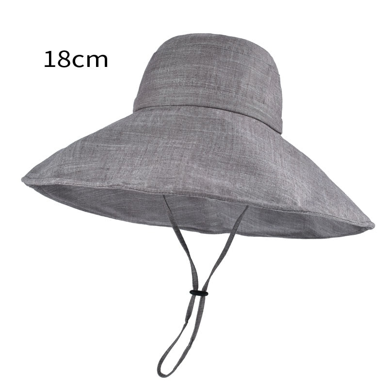 2024 Summer Wide Brim 18cm Linen Sun Hats for Women Uv Protection UPF 50+ Sunshade Foldable Bucket Hat Beach Outing Panama grey 55-60cm