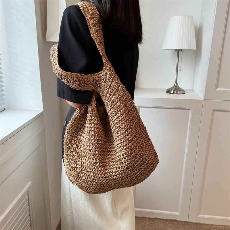 2024 Summer Women's Bag Soft Straw Bag Casual Long Woven Shoulder Bag Popular Light Travel Beach Bag