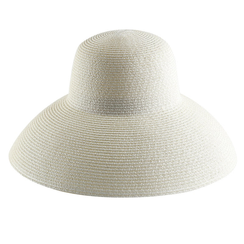 2024 Summer hat new female sun hat folding beach hat big brim travel sunscreen Hepburn wind sun hat travel white 55-58CM