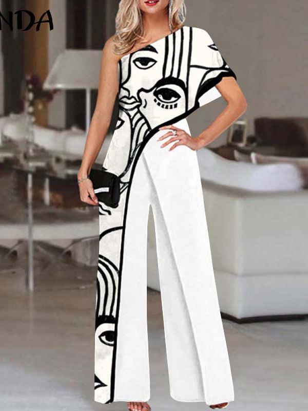 2024 VONDA Women's Summer Rompers Elegant Office Formal Jumpsuits Casual Solid One Shoulder Sexy Loose Party Overalls Oversized Style C White