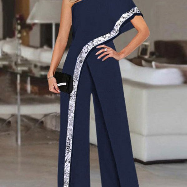 2024 VONDA Women's Summer Rompers Elegant Office Formal Jumpsuits Casual Solid One Shoulder Sexy Loose Party Overalls Oversized Style B Navy