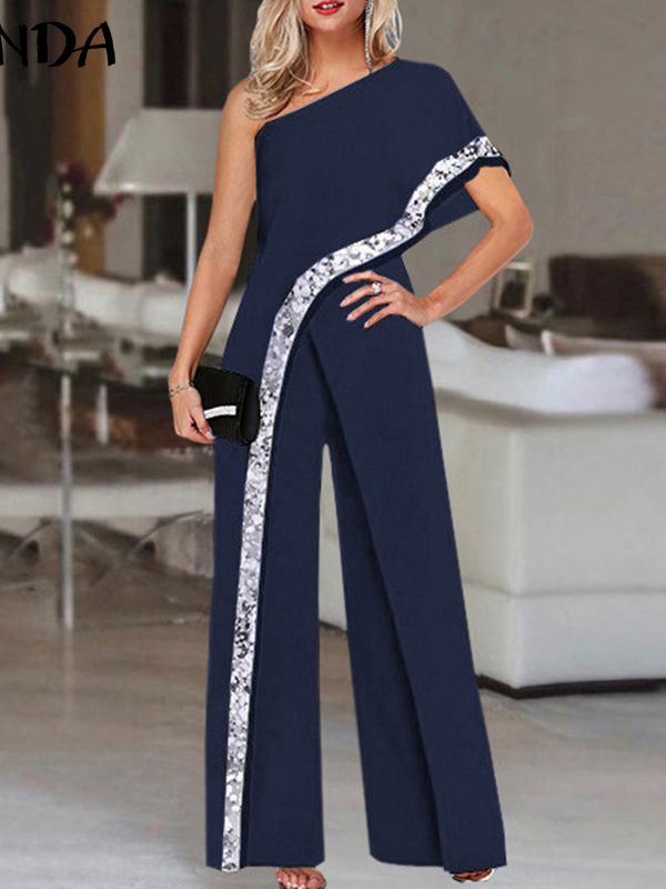 2024 VONDA Women's Summer Rompers Elegant Office Formal Jumpsuits Casual Solid One Shoulder Sexy Loose Party Overalls Oversized Style B Navy