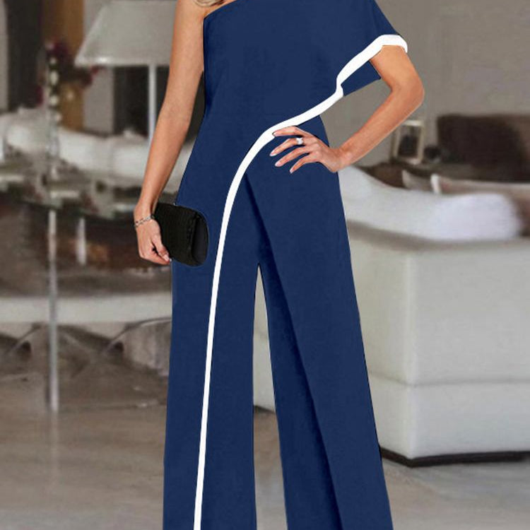 2024 VONDA Women's Summer Rompers Elegant Office Formal Jumpsuits Casual Solid One Shoulder Sexy Loose Party Overalls Oversized Navy