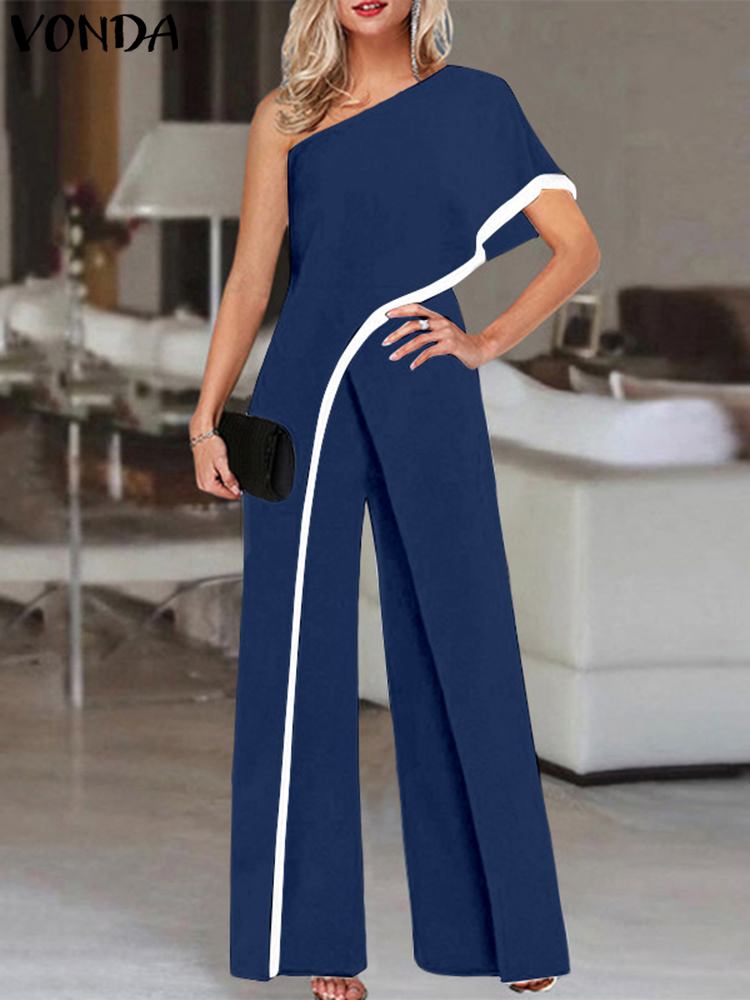 2024 VONDA Women's Summer Rompers Elegant Office Formal Jumpsuits Casual Solid One Shoulder Sexy Loose Party Overalls Oversized Navy